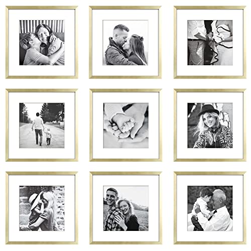 ArtbyHannah Gold Gallery Wall Frame Set, 12×12 Square Picture Frames Wall Art Decor -Display Photo Matted to 8x8IN – 9-Pack