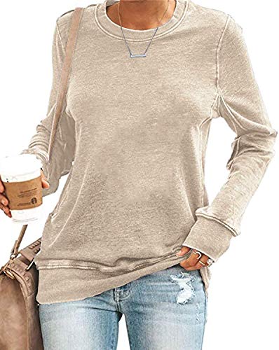 LAMISSCHE Womens Long Sleeve Crewneck Sweatshirt Oversized Casual Loose Shirt Solid Warm Pullover Tops(Plain-Beige,M)