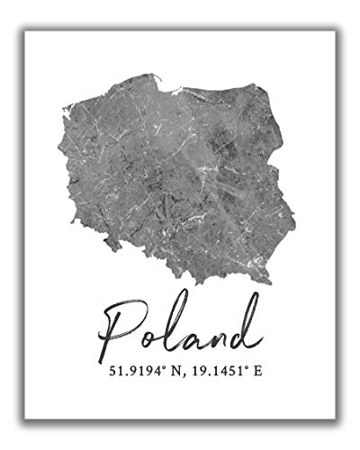 Poland Map Wall Art Print – 8×10 Silhouette Decor Print with Coordinates. Makes a Great Polish-Themed Gift. Shades of Grey, Black & White.
