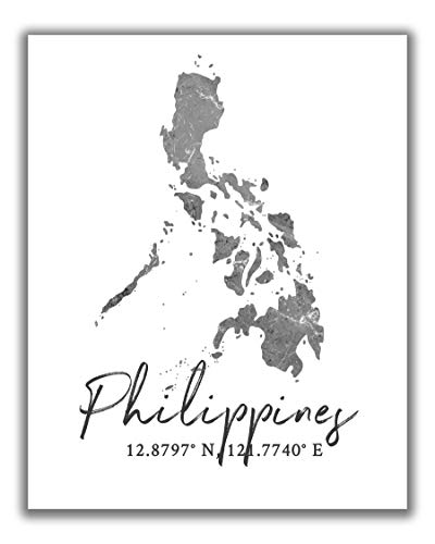 Philippines Map Wall Art Print – 8×10 Silhouette Decor Print with Coordinates. Makes a Great Philippines-Themed Gift. Shades of Grey, Black & White.