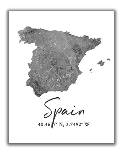 Spain Map Wall Art Print – 8×10 Silhouette Decor Print with Coordinates. Makes a Great Spanish-Themed Gift. Shades of Grey, Black & White.