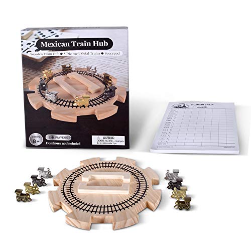 RNK Gaming Wooden Mexican Train Hub with 8 Metal Trains and Score Pad