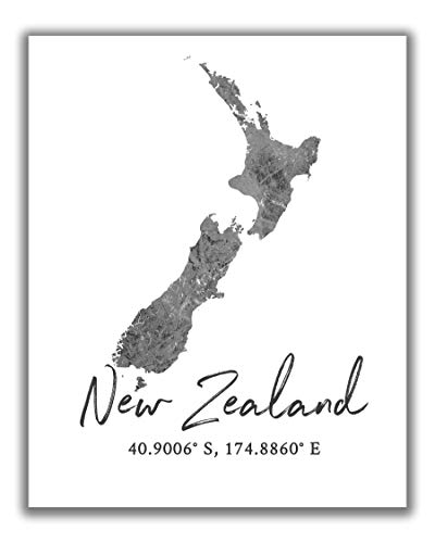 New Zealand Map Wall Art Print – 8×10 Silhouette Decor Print with Coordinates. Makes a Great New Zealand-Themed Gift. Shades of Grey, Black & White.