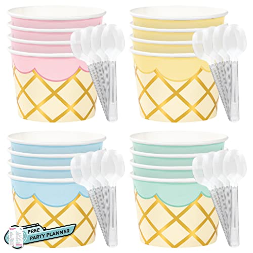 Creative Converting Ice Cream Party Treat Cups Bundle | 4 Colors of Cups & Spoons for 16 Guests | Birthday Party Supplies, Movie Night, School Church Events