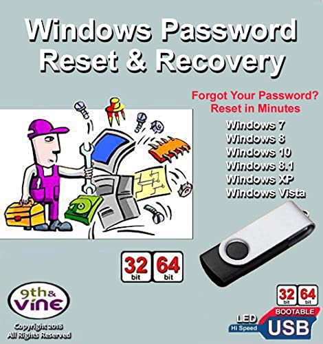 9th & Vine Compatible Password Reset Recovery USB for All Versions of Windows in 32-64 bit. #1 Best Unlocker Software Tool for Legacy Bios