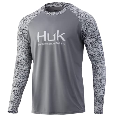 HUK Men’s Standard Double Header Long Sleeve | Sun Protecting Fishing Shirt, Sharkskin Camo, Medium
