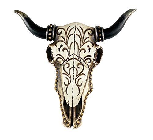 Urbalabs Longhorn Cow Skull and Horns Wall Sculpture Animal Western Wall Mount Cow Decor 10.5 Inches Wide Bull Statue Ranch Home Engraved Flower Pattern Gold Accent (White and Gold Pearl Flower Skull)