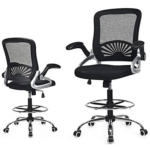 POWERSTONE Drafting Chair Tall Office Chair for Standing Desk Ergonomic Mesh Lumbar Support Adjustable Height Stool with Foot Ring and Flip-Up Armrests Computer Chair