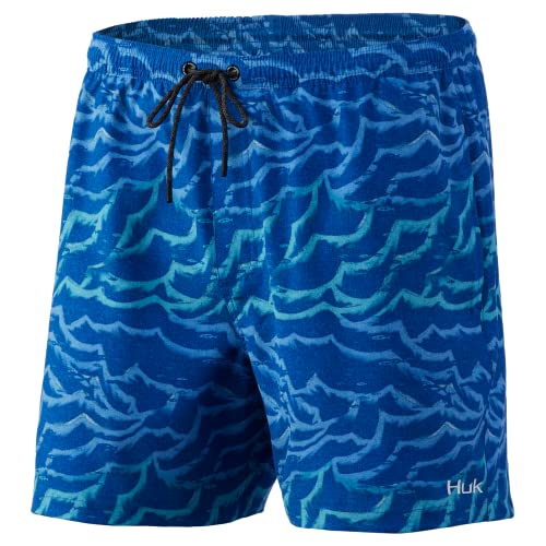 HUK Men’s Standard Volley 5.5″ Elastic Waist Quick-Dry Swim Shorts, Waves Blue, Medium