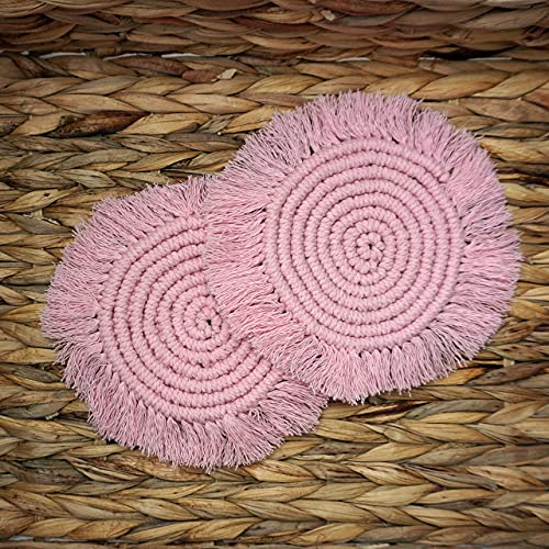 Mokoboho Macrame 100% Cotton Coasters Handmade in India – Elegant and Absorbent 6-inch Round Woven Boho Coaster Set with Fringe Tassels for Drinks and Mugs (Blush Pink)