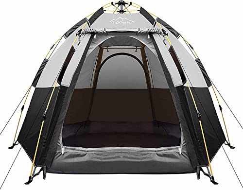 Toogh 3-4 Person Camping Tent 60 Seconds Set Up Tent Waterproof Pop Up Hexagon Outdoor Sports Tent Camping Sun Shelters, Instant Cabin Tent, Advanced Venting Design, Provide Top Rainfly (Black)