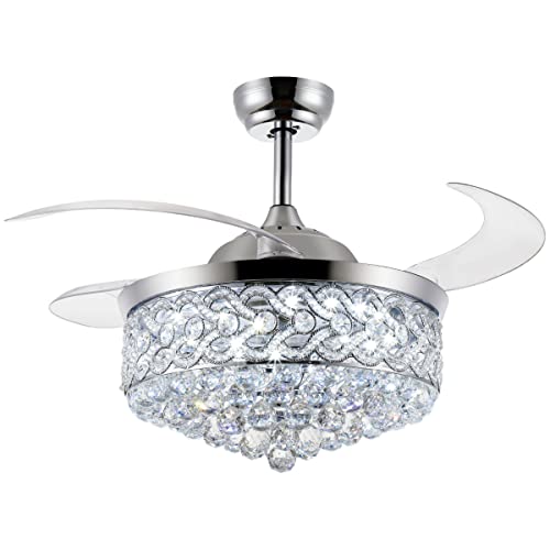 Crystal Ceiling Fan with Light 6 Speeds Set Retractable Chandelier Fan LED Ceiling Fan Invisible Blades Dimmable 500-6500k Quiet Polished Chrome Crystal Fans Indoor for Bedroom Restaurant (Chrome)