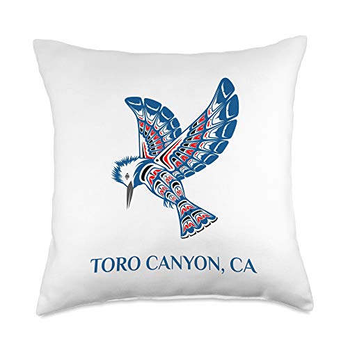 Toro Canyon CA PNW Native American Kingfisher Bird Native American Toro Canyon Kingfisher Bird California Throw Pillow, 18×18, Multicolor