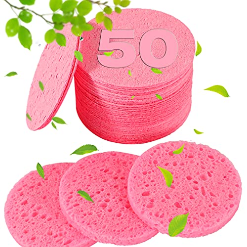 50-Count Compressed Facial Sponges for Estheticians- 100% Natural Cellulose Face Sponge Professional Cosmetic Spa Sponges for Face Cleansing, Massage, Pore Exfoliating, Mask, Makeup Removal (Pink)