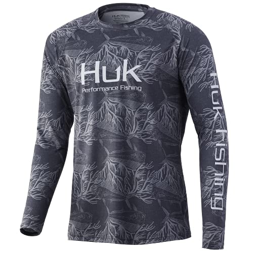 HUK Men’s Standard Pattern Pursuit Long Sleeve Performance Fishing Shirt, Mahi Stripes-Iron, Large