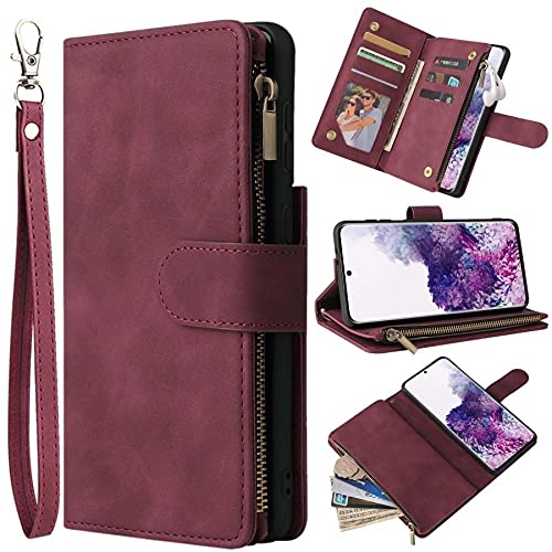 ZZXX Samsung Galaxy S21 Wallet Case with Card Slot Premium Soft PU Leather Zipper Flip Folio Wallet with Wrist Strap Kickstand Protective for Samsung Galaxy S21 Case(Wine Red 6.2 inch)