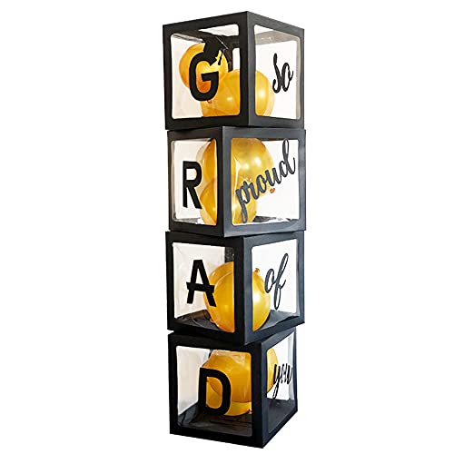 Balloons Boxes GRAD So Proud of You Graduations 2023 for Graduation Party Decorations Supplies for Indoor/Outdoor Home Door Décor 4 Pcs Black Balloons Transparent Boxes(NO Balloons)