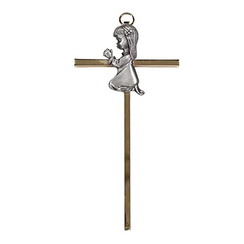 Gold-Plated Brass Wall Cross | Features Praying Little Girl | Great Gift for Baptisms and New Babies! | Christian Home Decor | 7 Inch Cross | Ready to Hang