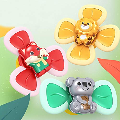 Child Bath Suction Cup Spinning Tops Toy Animal Turntable Spinning Windmill Stress Relief Frisbee Creative Educational Toys (3Pcs-Fox Lion Bear)