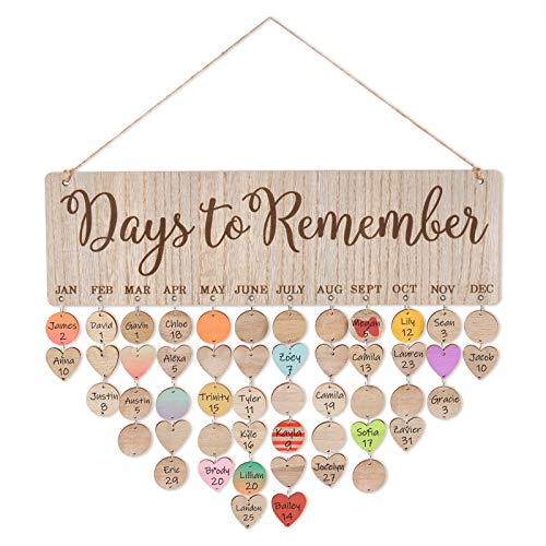 Family Wall Hanging Birthday Calendar Board with 50 Wooden Circle Heart Tags, Wooden Birthday Reminder Tracker Plaque Sign by Month, Family Wall Home Decor,Birthday Gift For Mom, Grandma, Grandparents