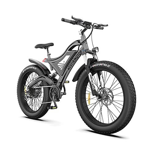aostirmotor 750W Electric Bike for Adults 26″×4″ Fat Tire Electric Bike 48V 15AH Adult Electric Bicycles, Full Suspension 28MPH E Bike for Adults, Shimano 7 Speed Electric Mountain Bike (Gray-Black)