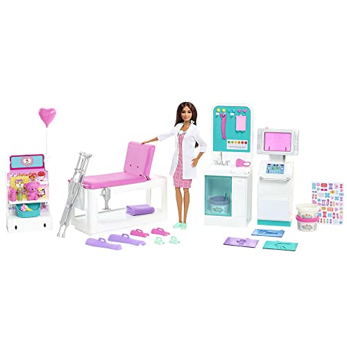 Barbie Fast Cast Clinic Playset, Brunette Barbie Doctor Doll (12-in), 30+ Play Pieces, 4 Play Areas, Cast & Bandage Making, Medical & X-ray Stations, Exam Table, Gift Shop & More [Amazon Exclusive]