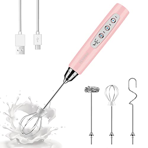 Milk Frother Handheld with 3 Heads, Coffee Whisk Drink Foam Mixer with USB Rechargeable 3 Speeds, Electric Hand Frother for Latte, Cappuccino, Hot Chocolate, Egg – Pink