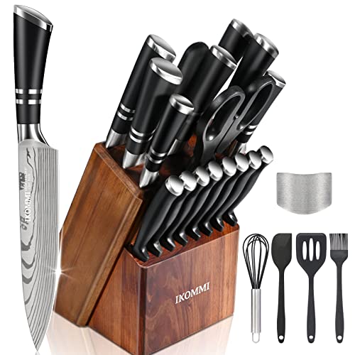 Knife Set with Block, IKOMMI 23-Piece Kitchen Knife Set German Full Tang High-Carbon Steel Knives Kit with Sharpener & 8 Steak Knives