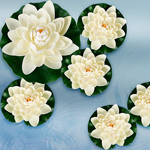 Linyida Artificial Floating Foam Lotus Flowers,Artificial Water Lily Pads，Lotus Lilies Pad Ornaments for Patio Koi Pond Pool Aquarium Home Garden Wedding Party Holiday Event Decorations.(6PCS Ivory)