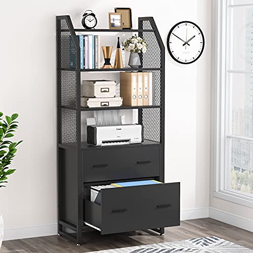 Tribesigns 2 Drawer File Cabinet with Bookshelf, Modern Vertical Filing Cabinet for Letter/Legal/A4 Size File, Large Printer Stand with Open Storage Shelves for Home Office, Black | The Storepaperoomates Retail Market - Fast Affordable Shopping