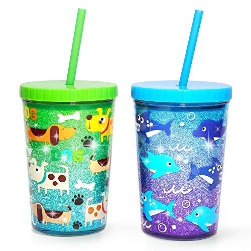 Home Tune 14oz Kids Tumbler Water Drinking Cup 2 Pack – BPA Free, Straw Lid Cup, Reusable, Lightweight, Spill-Proof Water Bottle with Cute Design for Girls & Boys – Shark & Dog