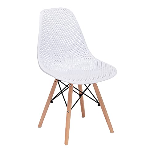 CangLong Dining Mid Century Modern DSW Hollow Back Design Plastic Shell Armless Side Chair with Beech Wood Legs, Set of 1, White