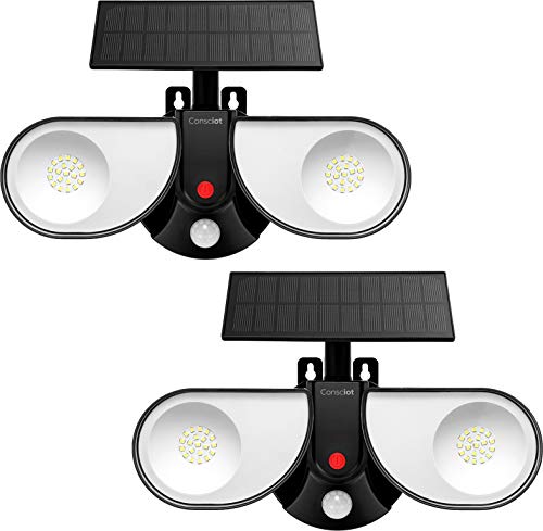Consciot Solar Lights Outdoor, Ultra Bright Motion Sensor Solar Security Light 1000lm, 40 LED Wall Flood Light with Adjustable Dual Heads, IP67 Waterproof for Garage Patio Garden, Cool White, 2 Pack