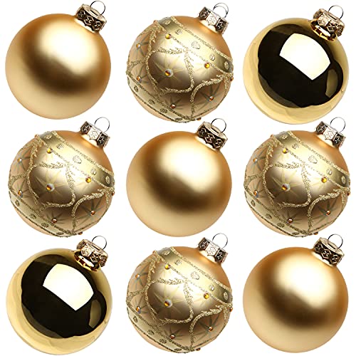 3.15″ Christmas Ornaments Balls 9 Pcs Christmas Tree Ornaments Set Gold Christmas Ball Ornaments Painted Glass Christmas Balls with Hanging Loop for Xmas Tree Holiday Wedding Party Home Decorations