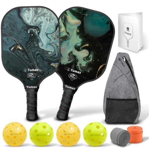 Tumaz Pickleball Paddles Set of 2, USAPA Approved Pickleball Set with Premium Honeycomb Core and Fiberglass Face Pickleball Rackets, 4 Pickle Balls, 2 Grip Tapes, and Portable Carry Bag Included