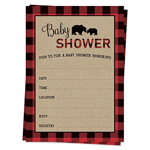 Baby Shower Fill in the Blank Invitations Lumberjack Mama Bear Buffalo Plaid Invites It’s a Boy Oh Gingham KraftPrinted Cards (15 count)