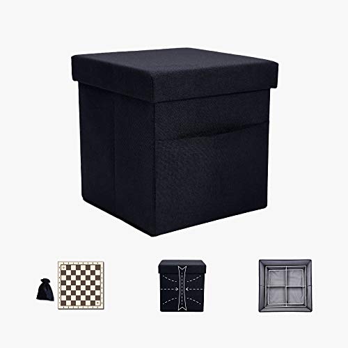 OrganizeME Ottoman Storage with Tray for 40lbs Load Weight Square Storage Footrest Ottoman Folding Coffee Table Toy Chess Board Flap Collapsible Bin for Living Room Bedroom Office(Deep Black)