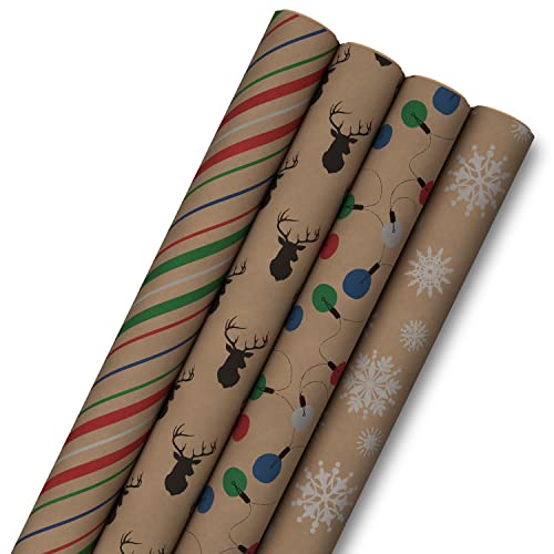 Hallmark Recyclable Christmas Wrapping Paper for Kids with Cut Lines on Reverse (4 Rolls: 88 sq. ft. ttl) Kraft Brown with Christmas Lights, Deer, Snowflakes, Red, Green, Blue Stripes
