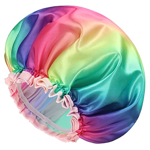 mikimini Shower Cap for Women and Girls, Waterproof Reusable Washable Soft PVC Lining Bath Cap for Kids, Rainbow Fashionable Shower Cap Medium (Pack of 1) Rainbow