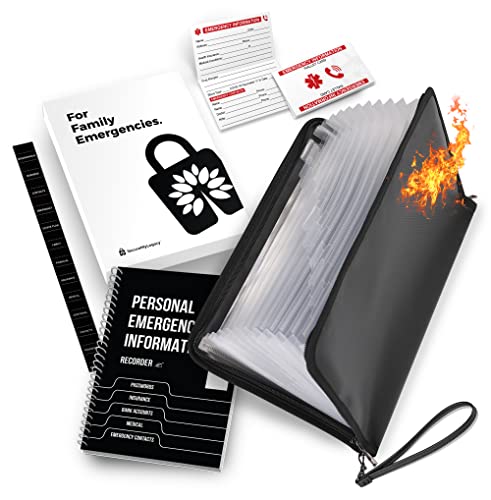 Fireproof & Lockable Expandable Pockets Bag and PERSONAL EMERGENCY INFORMATION RECORDER (Black) – Family Emergency Workbook – Record and Centralize Passwords, Key Contacts, Medical, Financial, Insurance, End of Life Plans, Personal Instructions and more