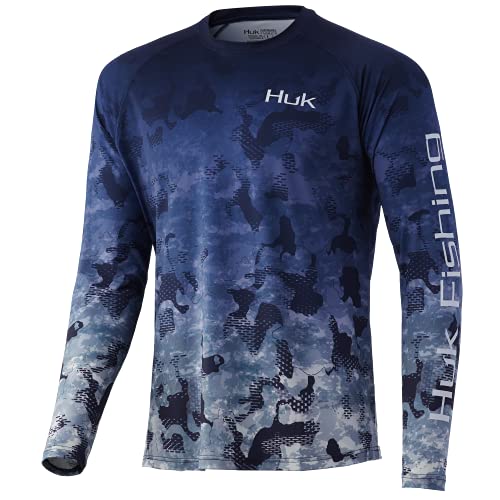 HUK Men’s Standard Pattern Pursuit Long Sleeve Performance Shirt, Refraction Fish Fade-Bluefin/Sailfish, Large