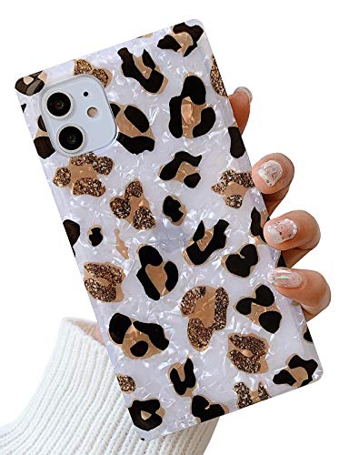 KERZZIL Luxury Sparkle Leopard Pattern iPhone 11 Square Case,Chic Slim Golden Glitter Translucent Soft TPU Silicone Rubber Gel Protective Bumper Cases Cover Compatible with iPhone 11 6.1-inch(White)