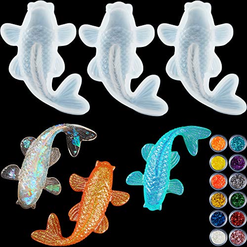 3 Pieces Koi Fish Silicone Resin Molds Koi Goldfish DIY Pendant Epoxy Molds Fish Fondant Moulds with Twelve Color Sequins for DIY Pendant Charms Making Jewelry