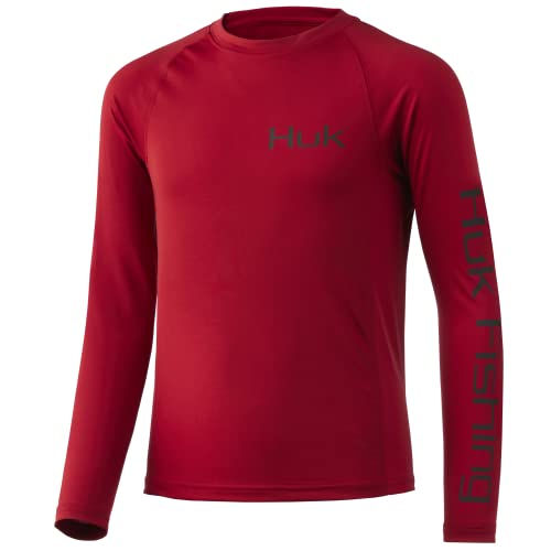 HUK Kids’ Standard Printed Long Sleeve Shirt +Sun Protection, KC Big Bull-Blood Red, Medium