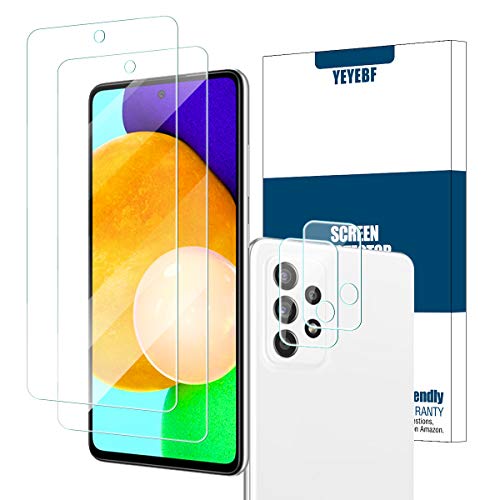 Galaxy A52 HD Clear Tempered Glass Screen Protector + Camera Lens Protectors by YEYEBF, [2+2 Pack] [3D Glass] [Anti-Glare] [Bubble-Free] Screen Protector Glass for Samsung Galaxy A52