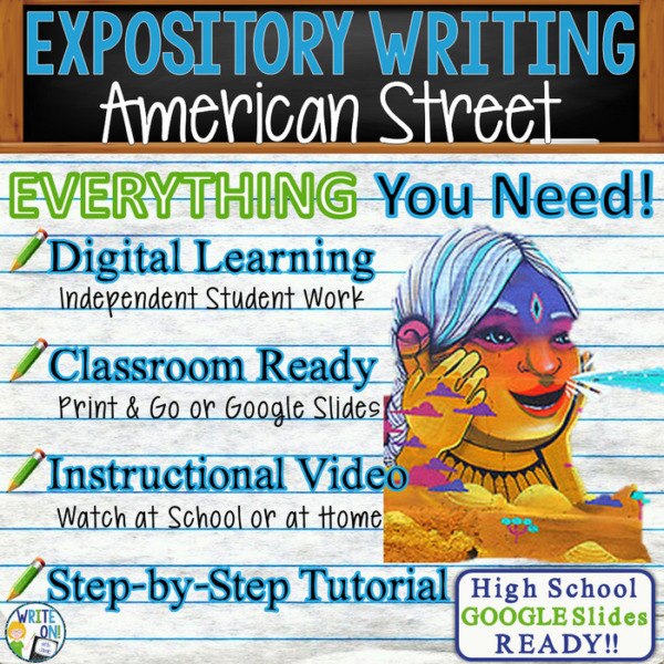 Text Analysis Expository Writing for American Street by Ibi Zoboi Distance Learning, In Class, Independent Instruction, Instructional Video, PPT, Worksheets, Rubric, Graphic Organizer, Google Slides