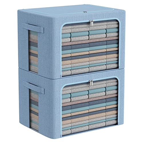 Clothes Storage Bins Box – Linen Fabric Foldable Stackable Container Organizer Set with Clear Window & Carry Handles & Metal Frame – 2Pack Large Capacity for Bedding, Blankets, Toys, Books