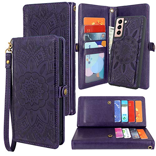 Harryshell Detachable Magnetic 12 Card Slots Wallet Case PU Leather Flip Protective Cover Wrist Strap Kickstand for Samsung Galaxy S21 5G 6.2 Inch 2021 SM-G991U (Flower Purple)