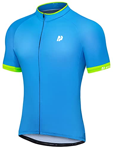 PTSOC Men’s Cycling Jersey Short Sleeve Bicycle Clothing Tops with 3 Rear Pockets Quick Dry Full Zipper Biking Shirt Blue Large