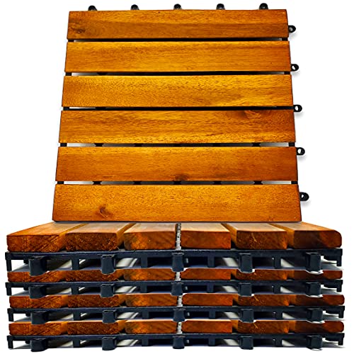 Interlocking Deck Tiles – Snap Together Wood Flooring | 12 x 12 Acacia Hardwood Outdoor Flooring for Patio | Click Floor Decking Tile Outdoors Balcony Flooring Wooden Flooring (8)